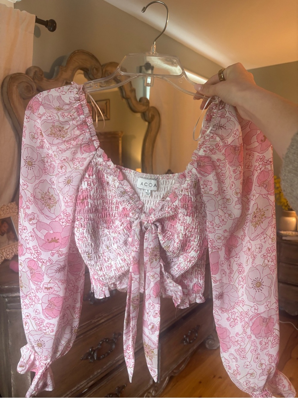 Vici Pink Floral Smocked Tie-Front Puff Sleeve Crop Top